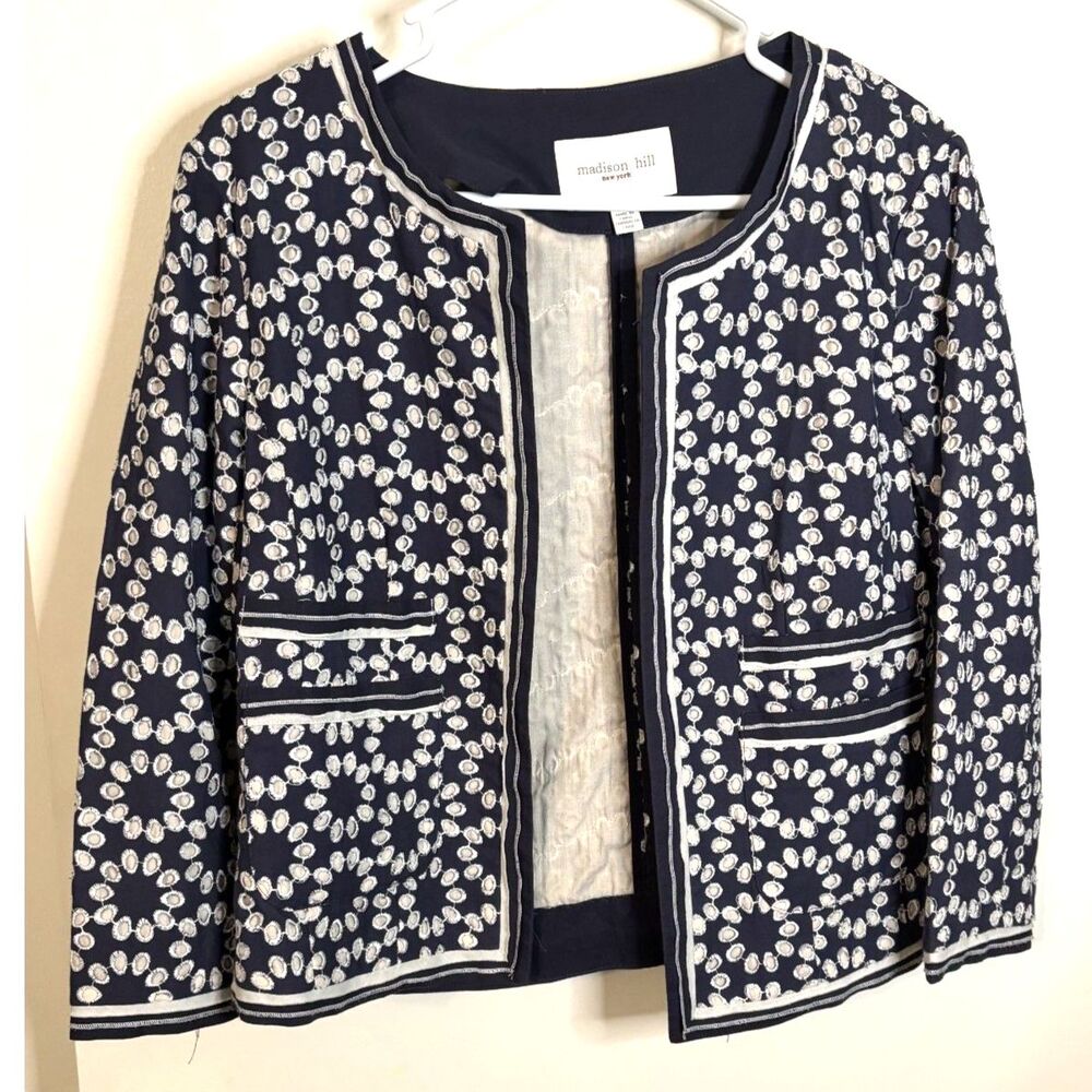 Madison Hill NY Embroidered Cotton Open Front Blazer Jacket Shacket Navy Size 6
